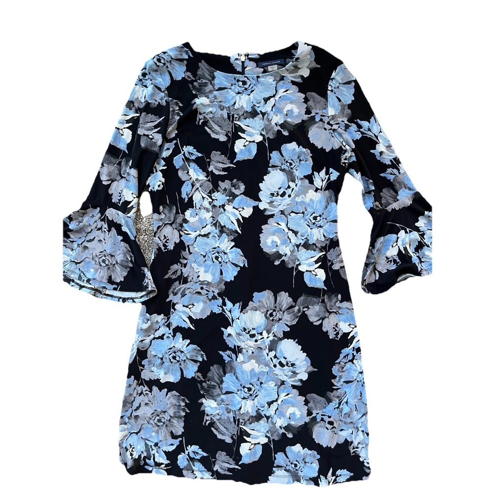 Tommy Hilfiger Black Blue Floral Dress Bell‎ Sleeves 6 Slimming
